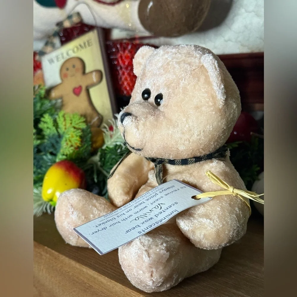 Adorable Tan Scented Vanilla Wax Teddy Bear with Plaid Bow NEW